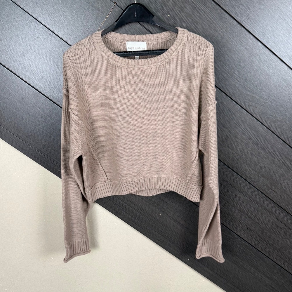 Sage + Stone Women's Large Taupe Oversized Cropped Balloon Sleeve Knit Sweater